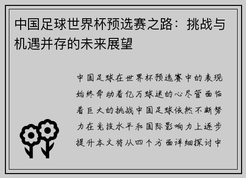 中国足球世界杯预选赛之路：挑战与机遇并存的未来展望